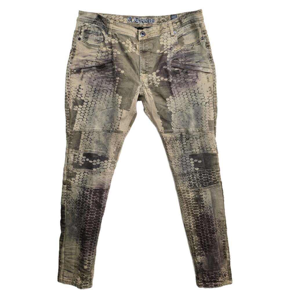 A. Tiziano Men's Brown Snake Skin Pattern Biker Denim Jeans Size 40